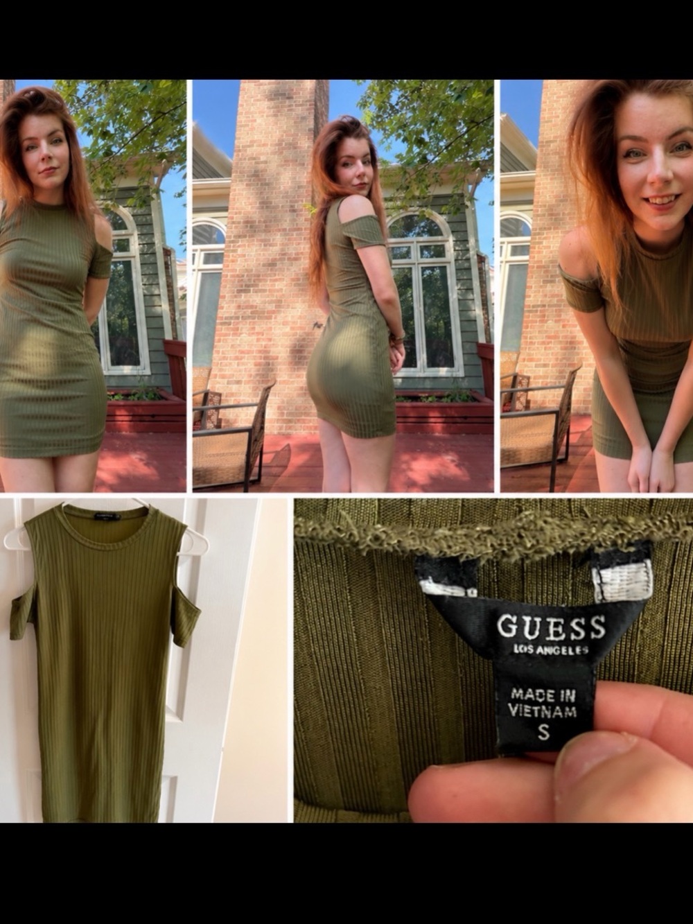 GUESS Olive Green Ribbed Cold-Shoulder Mini Dress